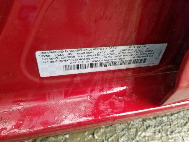 3VWSG81K36M767850 - 2006 VOLKSWAGEN JETTA 2.5 RED photo 10