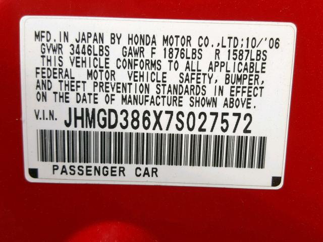 JHMGD386X7S027572 - 2007 HONDA FIT S 红色 照片 10
