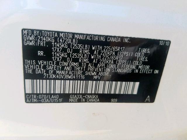 2T3DK4DV3BW041116 - 2011 TOYOTA RAV4 LIMIT WHITE photo 10