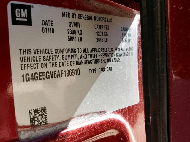 1G4GE5GV6AF196910 - 2010 BUICK LACROSSE C RED photo 10