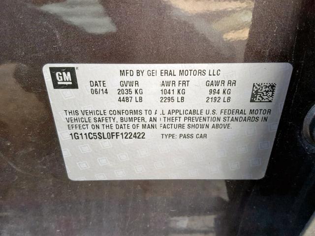 1G11C5SL0FF122422 - 2015 CHEVROLET MALIBU 1LT 石墨色 照片 10