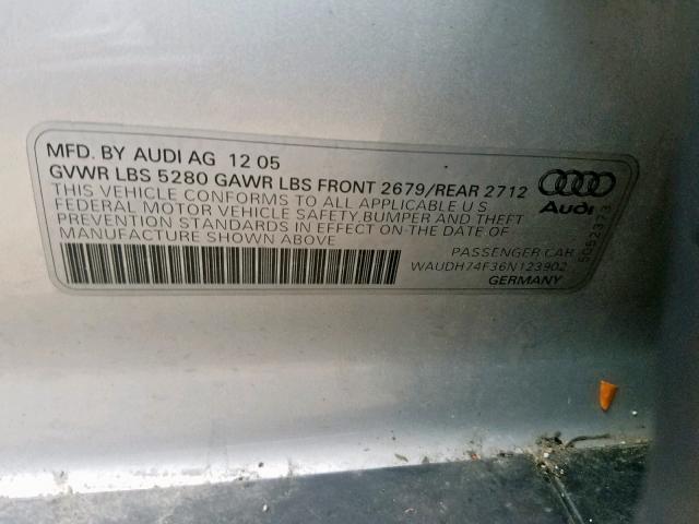 WAUDH74F36N123902 - 2006 AUDI A6 3.2 QUA SILVER photo 10