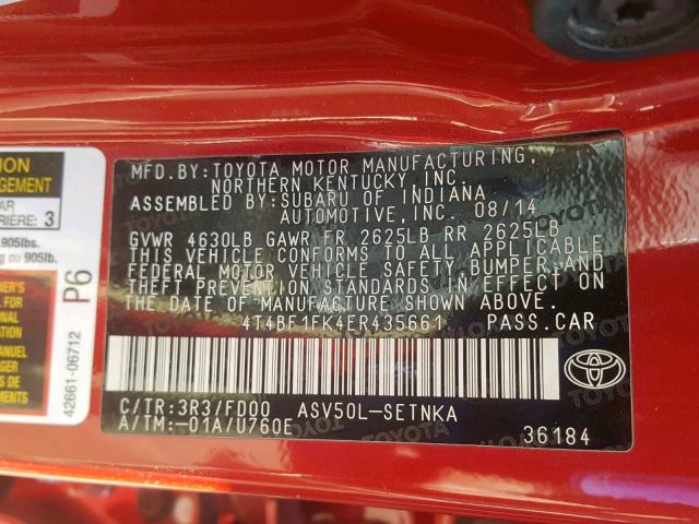 4T4BF1FK4ER435661 - 2014 TOYOTA CAMRY L RED photo 10