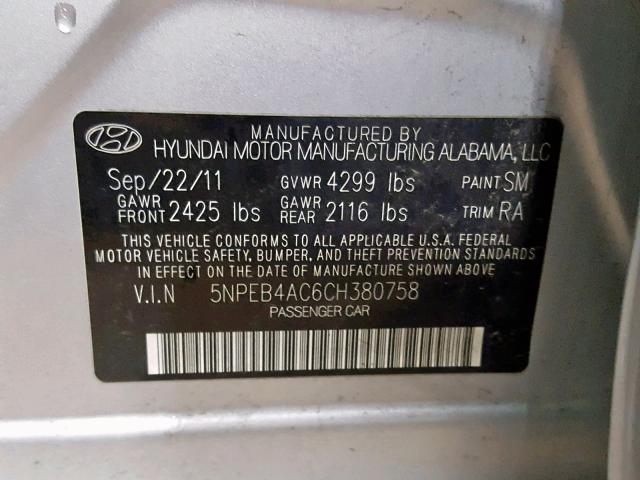 5NPEB4AC6CH380758 - 2012 HYUNDAI SONATA GLS SILVER photo 10