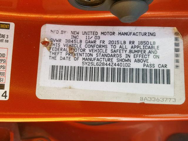 5Y2SL62844Z440102 - 2004 PONTIAC VIBE ORANGE photo 10