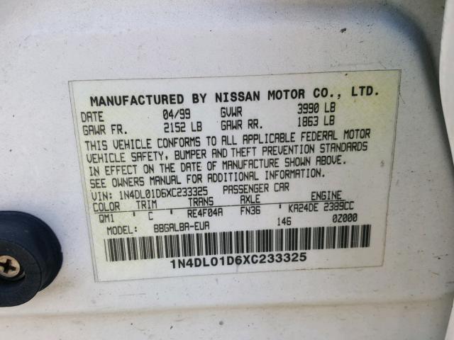 1N4DL01D6XC233325 - 1999 NISSAN ALTIMA XE WHITE photo 10