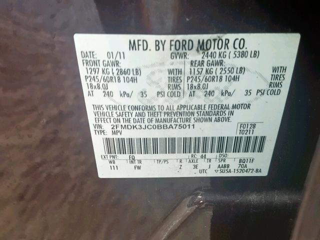 2FMDK3JC0BBA75011 - 2011 FORD EDGE SEL BURGUNDY photo 10