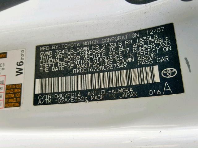 JTKDE167280267349 - 2008 TOYOTA SCION TC თეთრი ფოტო 10