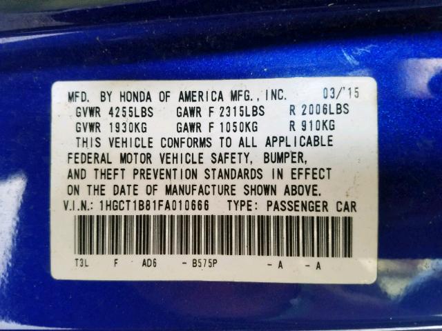 1HGCT1B81FA010666 - 2015 HONDA ACCORD EXL BLUE photo 10