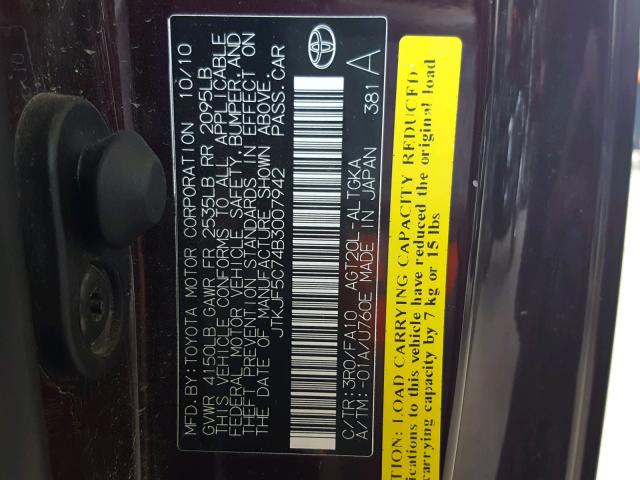 JTKJF5C74B3007942 - 2011 TOYOTA SCION TC 紫色 照片 10