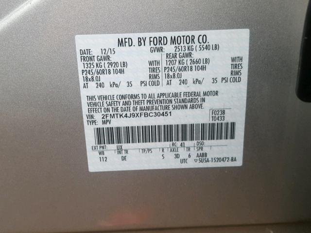 2FMTK4J9XFBC30451 - 2015 FORD EDGE SEL SILVER photo 10