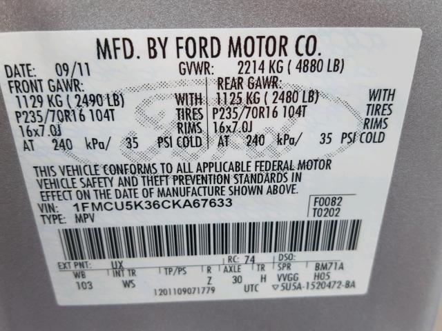 1FMCU5K36CKA67633 - 2012 FORD ESCAPE HYB SILVER photo 10