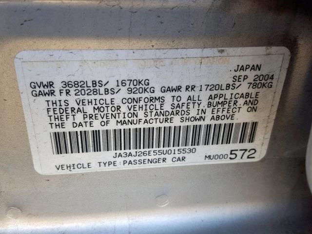 JA3AJ26E55U015530 - 2005 MITSUBISHI LANCER ES SILVER photo 10