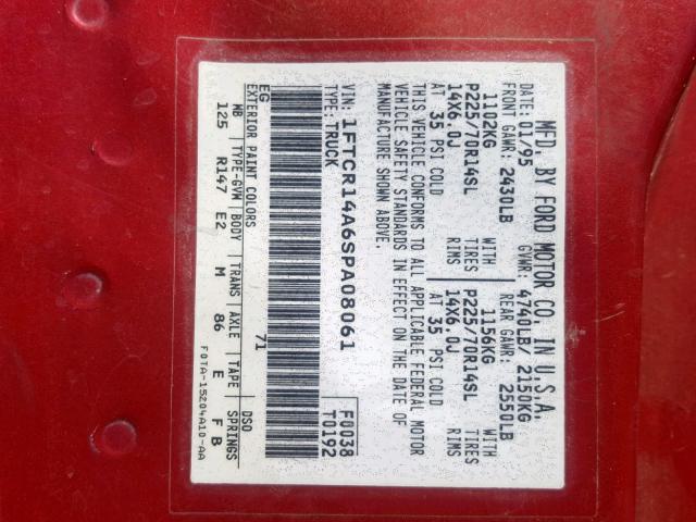 1FTCR14A6SPA08061 - 1995 FORD RANGER SUP RED photo 10