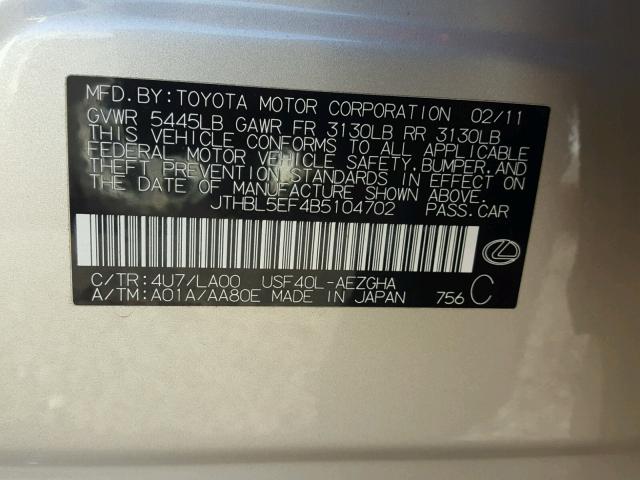 JTHBL5EF4B5104702 - 2011 LEXUS LS 460 SILVER photo 10