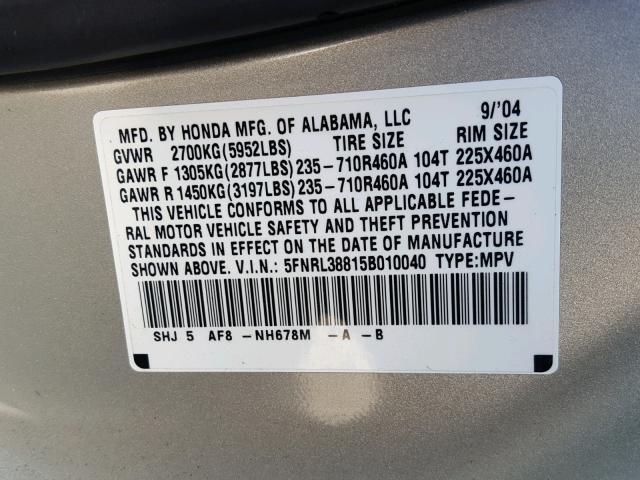 5FNRL38815B010040 - 2005 HONDA ODYSSEY TO SILVER photo 10