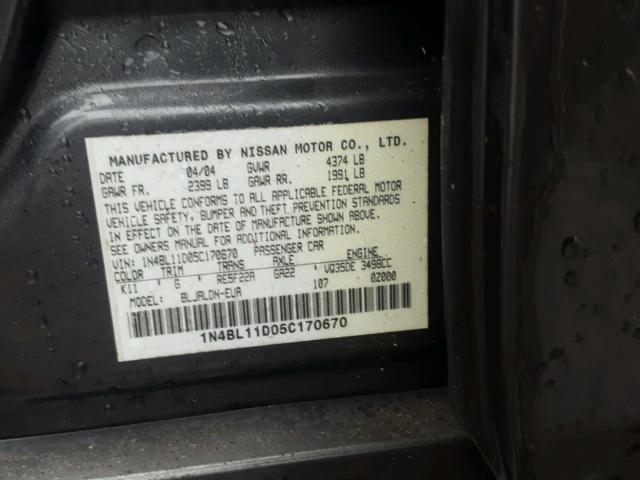 1N4BL11D05C170670 - 2005 NISSAN ALTIMA SE GRAY photo 10