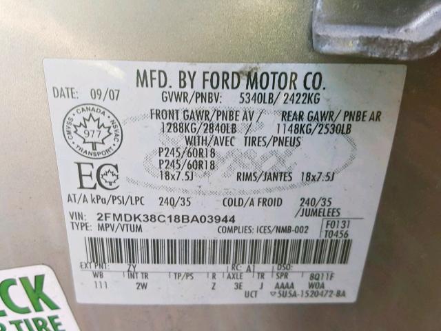 2FMDK38C18BA03944 - 2008 FORD EDGE SEL GRAY photo 10