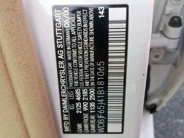 WDBJF65J41B181065 - 2001 MERCEDES-BENZ E 320 WHITE photo 10