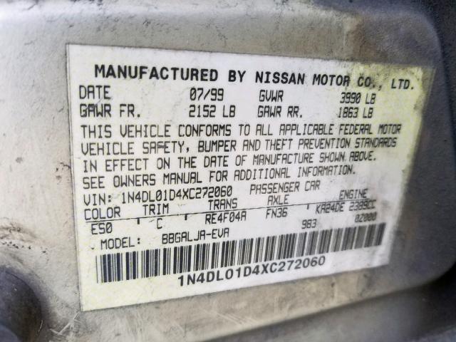 1N4DL01D4XC272060 - 1999 NISSAN ALTIMA XE GOLD photo 10