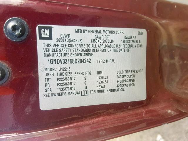 1GNDV33168D204242 - 2008 CHEVROLET UPLANDER L MAROON photo 10