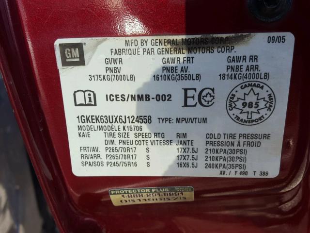 1GKEK63UX6J124558 - 2006 GMC YUKON DENA RED photo 10