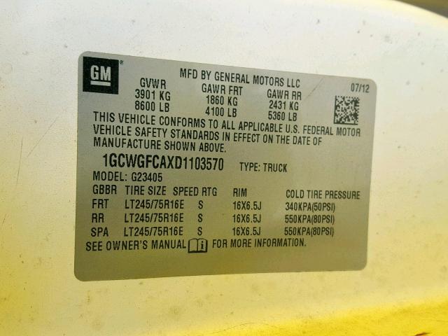 1GCWGFCAXD1103570 - 2013 CHEVROLET EXPRESS G2 YELLOW photo 10