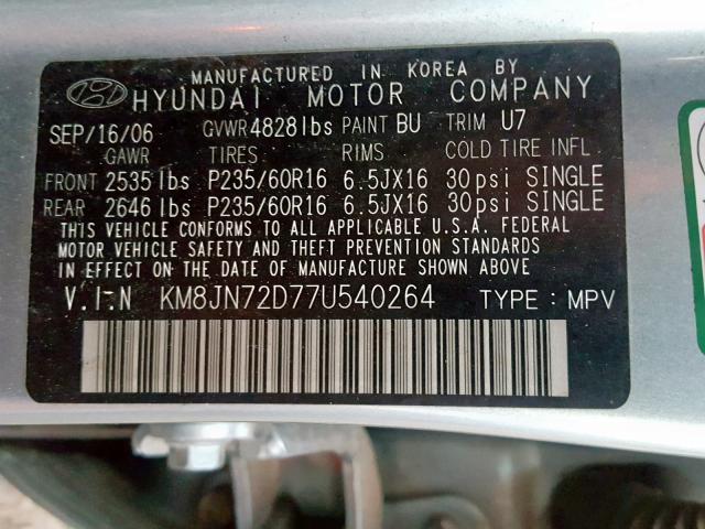 KM8JN72D77U540264 - 2007 HYUNDAI TUCSON SE BLUE photo 10