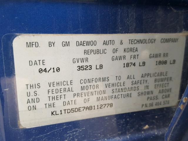 KL1TD5DE7AB112778 - 2010 CHEVROLET AVEO LS BLUE photo 10