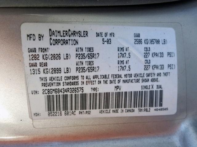 2C8GM68434R326575 - 2004 CHRYSLER PACIFICA SILVER photo 10