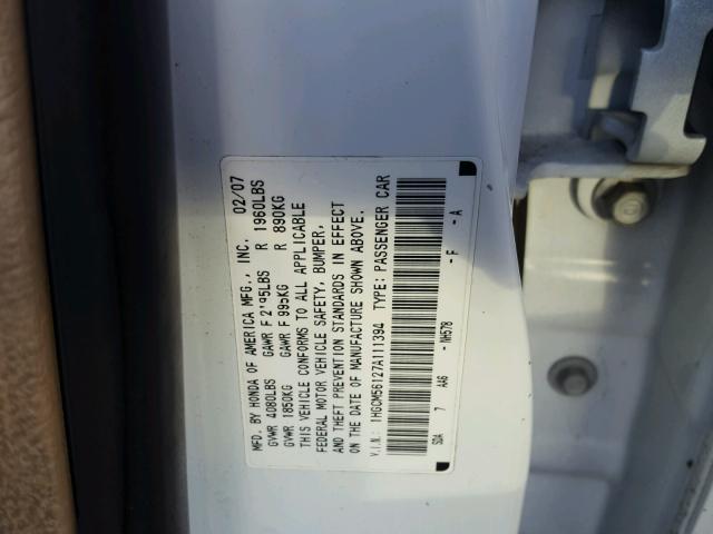 1HGCM56127A111394 - 2007 HONDA ACCORD VAL WHITE photo 10