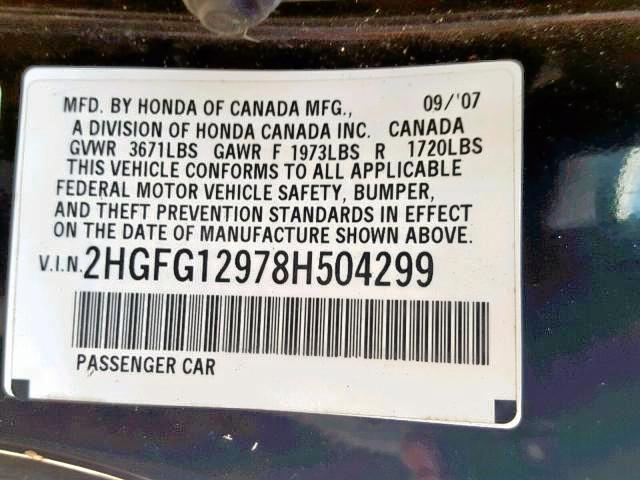 2HGFG12978H504299 - 2008 HONDA CIVIC EXL შავი ფოტო 10