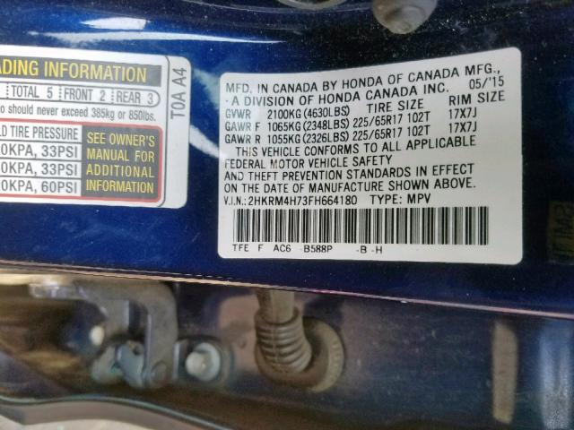 2HKRM4H73FH664180 - 2015 HONDA CR-V EXL BLUE photo 10