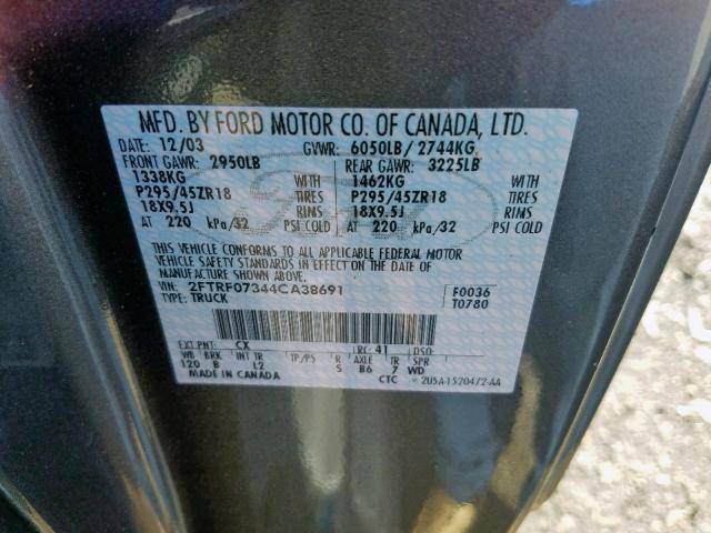 2FTRF07344CA38691 - 2004 FORD F150 SVT L GRAY photo 10