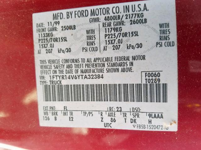 1FTYR14V6YTA32384 - 2000 FORD RANGER SUP RED photo 10