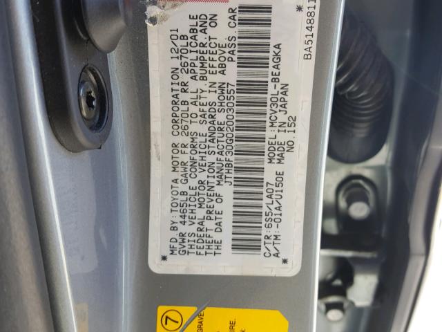 JTHBF30G020030557 - 2002 LEXUS ES 300 GRAY photo 10