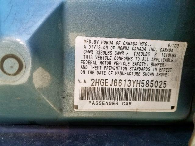 2HGEJ6613YH585025 - 2000 HONDA CIVIC BASE TURQUOISE photo 10