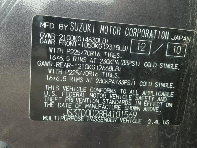 JS3TD0D28B4101569 - 2011 SUZUKI GRAND VITA CHARCOAL photo 10