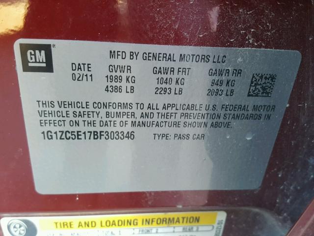 1G1ZC5E17BF303346 - 2011 CHEVROLET MALIBU 1LT 栗色 照片 10