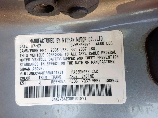 JNKCV64E38M101821 - 2008 INFINITI G37 BASE GRAY photo 10