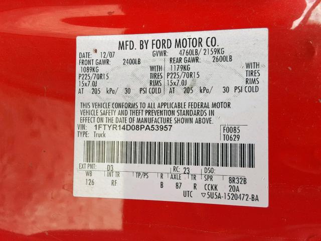 1FTYR14D08PA53957 - 2008 FORD RANGER SUP RED photo 10