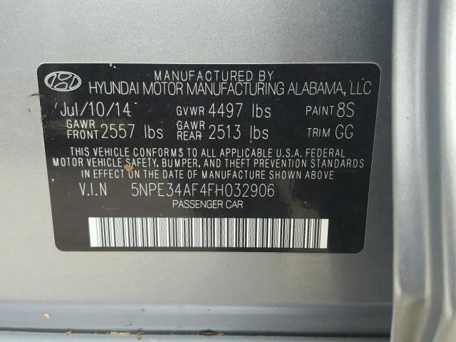 5NPE34AF4FH032906 - 2015 HYUNDAI SONATA SPO GRAY photo 10