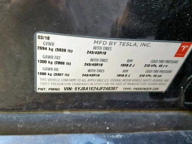 5YJSA1E24JF248387 - 2018 TESLA MODEL S رمادي صورة 10