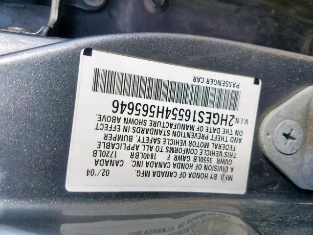 2HGES16554H565646 - 2004 HONDA CIVIC LX GRAY photo 10