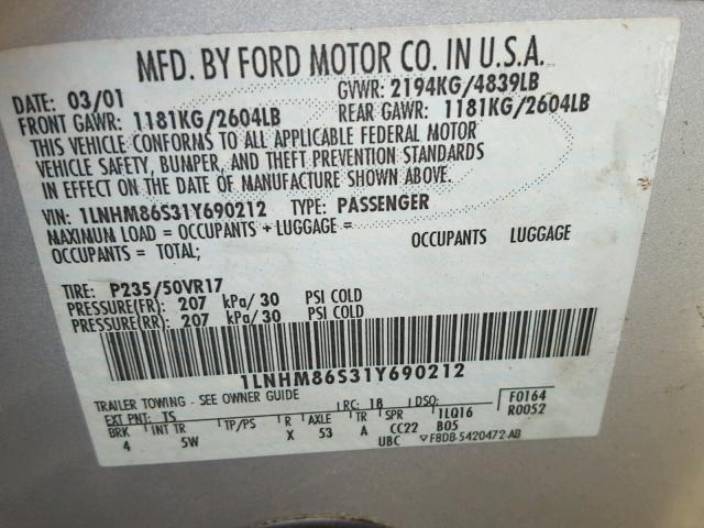 1LNHM86S31Y690212 - 2001 LINCOLN LS SILVER photo 10