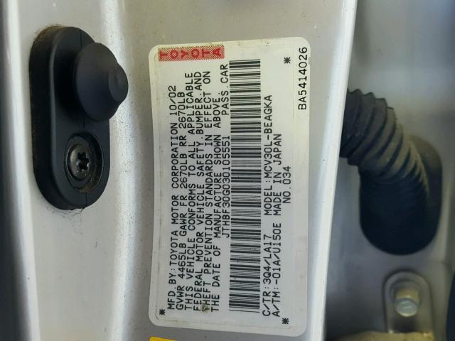 JTHBF30G030105551 - 2003 LEXUS ES 300 GRAY photo 10