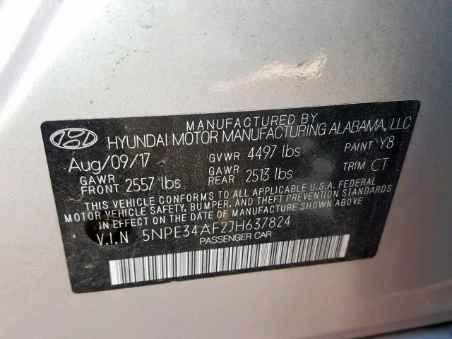 5NPE34AF2JH637824 - 2018 HYUNDAI SONATA SPO SILVER photo 10