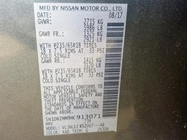 5N1DR2MM9HC913071 - 2017 NISSAN PATHFINDER GRAY photo 10