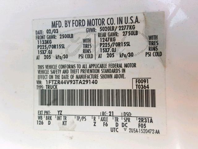 1FTZR44V93TA29140 - 2003 FORD RANGER SUP WHITE photo 10