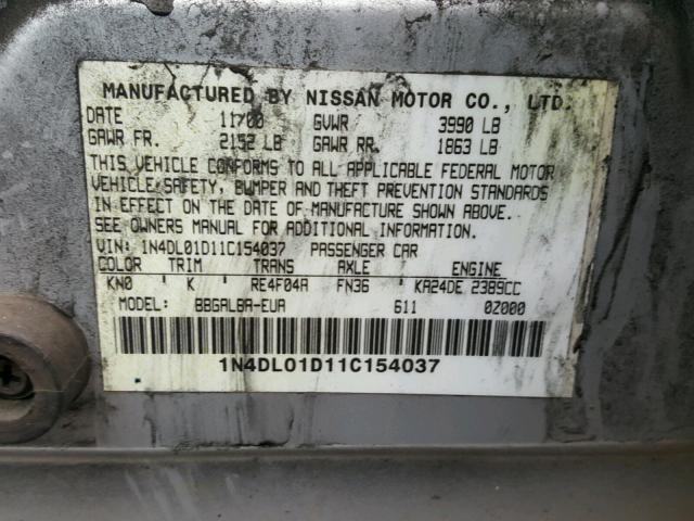 1N4DL01D11C154037 - 2001 NISSAN ALTIMA XE SILVER photo 10